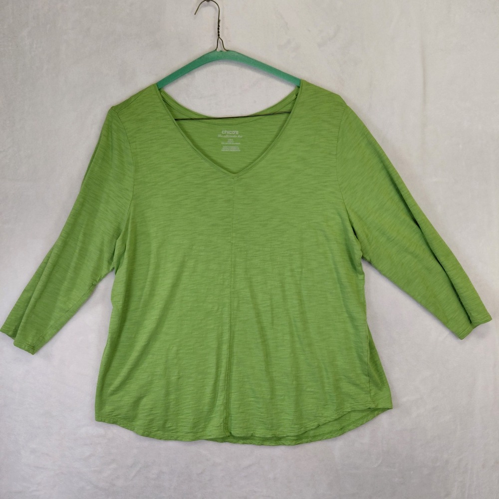 Chicos The Ultimate Tee Lime Green Slub Knit V-Neck 3/4 Sleeve Top Size 3 L XL